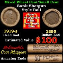 Small Cent Mixed Roll Orig Brandt McDonalds Wrapper, 1919-s Lincoln Wheat end, 1895 Indian other end