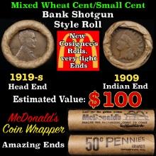 Small Cent Mixed Roll Orig Brandt McDonalds Wrapper, 1919-s Lincoln Wheat end, 1909 Indian other end