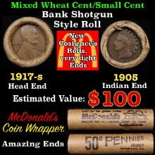 Small Cent Mixed Roll Orig Brandt McDonalds Wrapper, 1917-s Lincoln Wheat end, 1905 Indian other end
