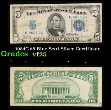 1934C $5 Blue Seal Silver Certificate Grades vf+