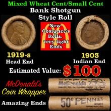 Small Cent Mixed Roll Orig Brandt McDonalds Wrapper, 1919-s Lincoln Wheat end, 1903 Indian other end