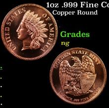 1oz .999 Fine Copper Bullion Round - Indian Cent Style