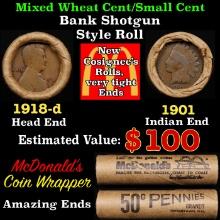 Small Cent Mixed Roll Orig Brandt McDonalds Wrapper, 1918-d Lincoln Wheat end, 1901 Indian other end