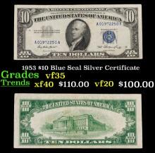 1953 $10 Blue Seal Silver Certificate Grades vf++