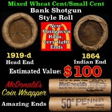 Small Cent Mixed Roll Orig Brandt McDonalds Wrapper, 1919-d Lincoln Wheat end, 1864 Indian other end