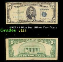 1953B $5 Blue Seal Silver Certificate Grades vf+