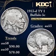 1913-d TY I Buffalo Nickel 5c Grades Select AU.