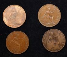 Group of 4 Coins, Great Britain Pennies, 1918, 1936, 1944, 1964 .