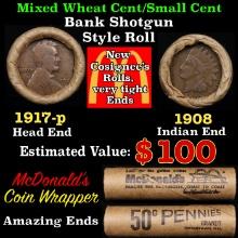Small Cent Mixed Roll Orig Brandt McDonalds Wrapper, 1917-p Lincoln Wheat end, 1908 Indian other end
