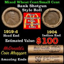 Small Cent Mixed Roll Orig Brandt McDonalds Wrapper, 1919-d Lincoln Wheat end, 1904 Indian other end