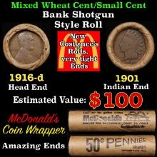Lincoln Wheat Cent 1c Mixed Roll Orig Brandt McDonalds Wrapper, 1916-d end, 1901 Indian other end