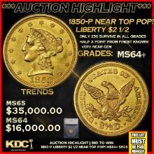 ***Major Highlight*** 1850-p Gold Liberty Quarter Eagle Near Top Pop! $2 1/2 ms64+ SEGS (fc)