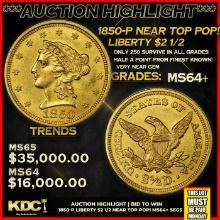 ***Major Highlight*** 1850-p Gold Liberty Quarter Eagle Near Top Pop! $2 1/2 ms64+ SEGS (fc)