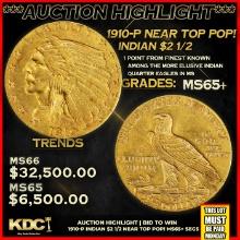 ***Major Highlight*** 1910-p Gold Indian Quarter Eagle Near Top Pop! $2 1/2 ms65+ SEGS (fc)