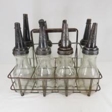 Set of 8 Glass Oil Bottles in Metal Carrier