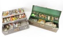 Vintage tackle boxes with lures, gear, & reels