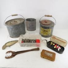 Vintage minnow buckets, lures & boxes & more