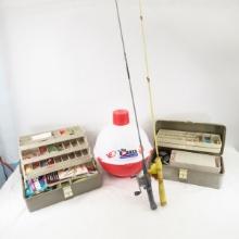 2 tackle boxes with tackle, fishing poles & cooler