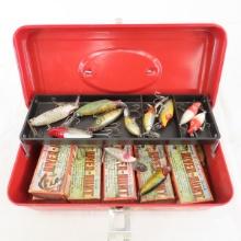 Heddon River Runts in tackle box, some boxes