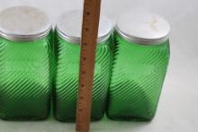 4 Owens Illinois Green Glass Ribbed Canisters