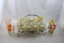 11 Floral Juice Glasses w/Metal Carrier
