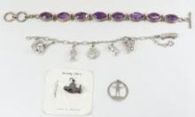 Sterling Silver Charm & Amethyst Bracelets 70g