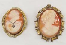 2 Antique Cameo pins, largest is marked 14k