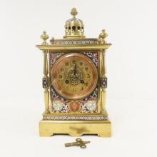 Antique Brass & Enamel Mantel Clock w/Key - works