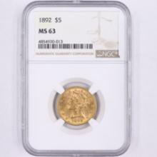 Certified 1892 U.S. $5 Liberty head gold coin