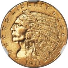 Certified 1911-D strong D U.S. $2 1/2 Indian head gold coin