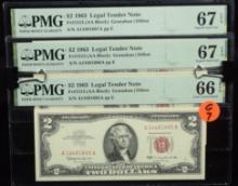1963 $2 Legal Tender 2 Notes Consecutive PMG66EPQ G7