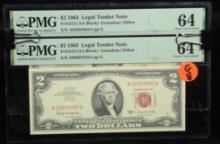 1963 $2 Legal Tender 2 Notes Consecutive PMG64EPQ G8