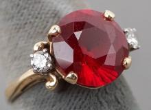 14k Ruby Colored Stone w/ Diamond Accents, Sz. 7.5