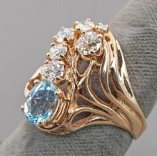 Ladies 14k Diamond & Aqua Colored Gem Ring, Sz. 6.5