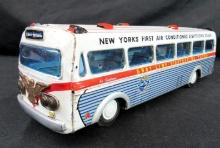 Antique ATC Japan Tin Friction Gray Line Sightseeing Bus 13.75"- Coca Cola Logo on Back