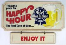 Vintage 1983 Dated Pabst Blue Ribbon Beer "Happy Hour" 2-Piece Wood Sign