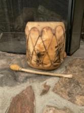 Vintage hand made Native tribal drum wood 11"T x 9" W and rawhide & drum beater 14"