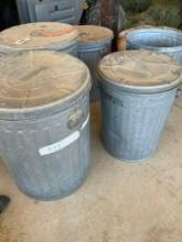 5 Galvanized trash cans, 4 with lids