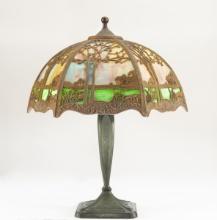 Antique Bent Glass Table Lamp, circa 1925, with 6 scenic panels, attributed to Chicago Lamp Co., Chi