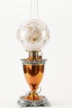Antique Gone with the Wind Lamp, circa 1890, with 8 1/2" ball shade with cherubs, measures 25" T to