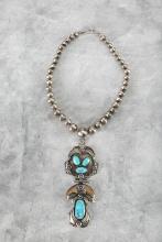 Beautiful Silver beaded and Turquoise Necklace showing stick figure makers mark, Naja is 5" L and de