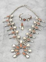 Stunning 3-piece Sterling Mother of Pearl and hand carved Coral Set consisting of Squash Blossom, Cu