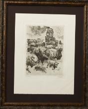 Framed Etching by R.H. Palenske, reproduced in Talio-Crome, titled "In No Hurry". Paperwork Verso. A
