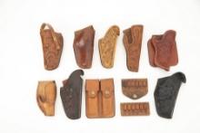 Collection of 11 pieces of vintage leather marked "S.D. Myres, El Paso, Tx." to include 8 Holsters 6