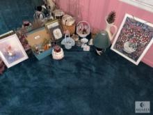 Large Decorative Lot - Framed Prints, Stained Glass, Small Lamp, Basket