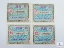 Four 1945 10 Sen Japanese WWII Allied Military Currency - Crisp AU
