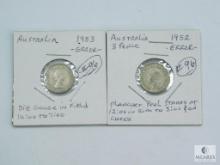 1952 & 1953 Australia Silver Three Pence Coins