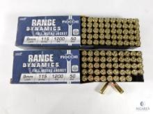 100 Rounds Fiocchi 9mm 115 Grain FMJ