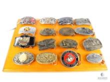 Sixteen Belt Buckles on a Wooden Display Board