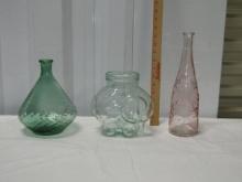 3 Depression Era Styled Glass Vases And Elephant Container